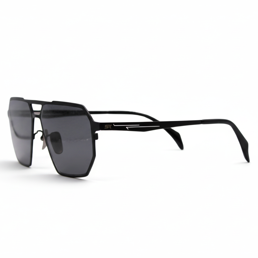 Three-quarter view of SkyRift Vector sunglasses showing slim titanium frame and wrap-inspired shape