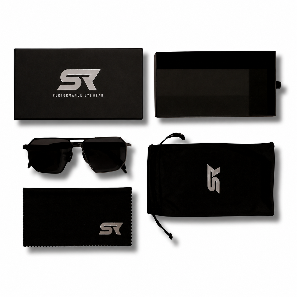 Black sunglasses with cleaning cloth and case on a white background, featuring SR Performance Eyewear logo.