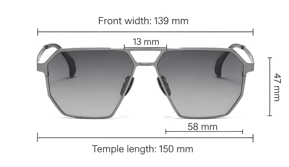 Skyrift Vector Aviation Sunglasses with dimensions labeled on a white background