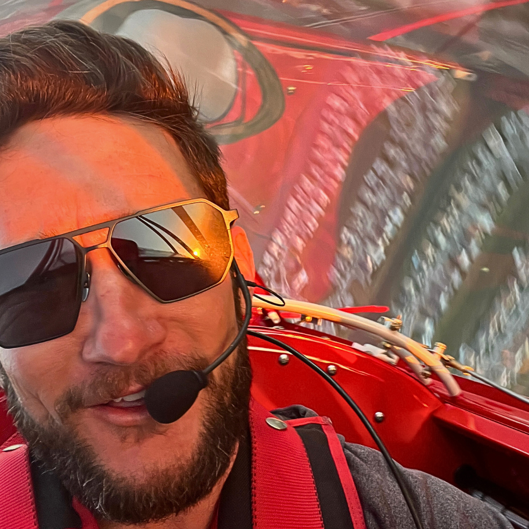 Pilot wearing SkyRift Inverted sunglasses inside an aircraft cockpit during bright flight conditions